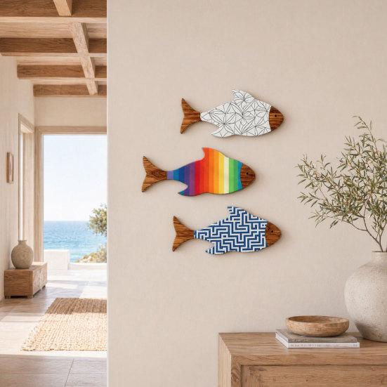3Pcs/Set Wooden Fish Coastal Wall Art, Rustic Handcrafted Fish Wall Decor, Nautical Fish Wall Sculpture for Living Room, Beach Lake House
