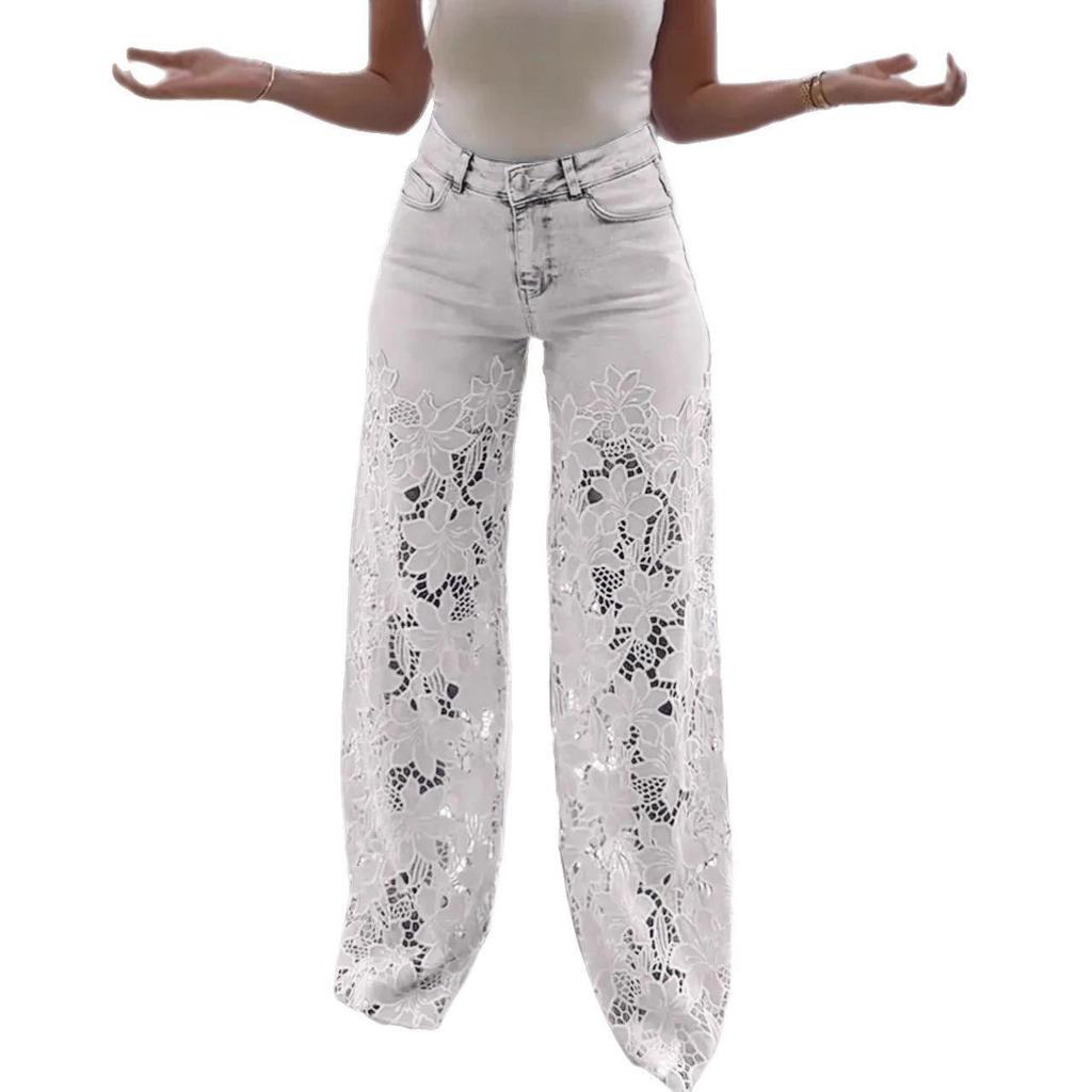 2025 Women’s High-Waisted Lace Patchwork Wide-Leg Denim Pants