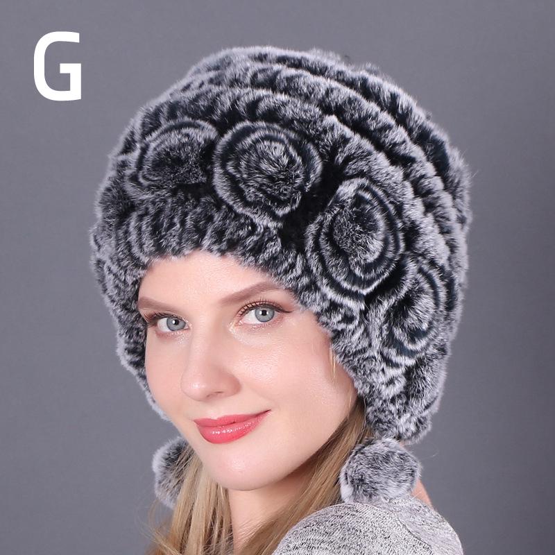 1PCS Fashion Rex Rabbit Fur Hat Fur Ball Beanies Earmuffs Hat Warm Caps Autumn and Winter Women's Comfortable