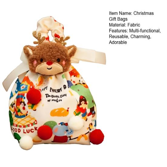Christmas Drawstring Gift Bags 3D Fabric Wrapping Gift Bags Reusable Xmas Candy Bags with Handle