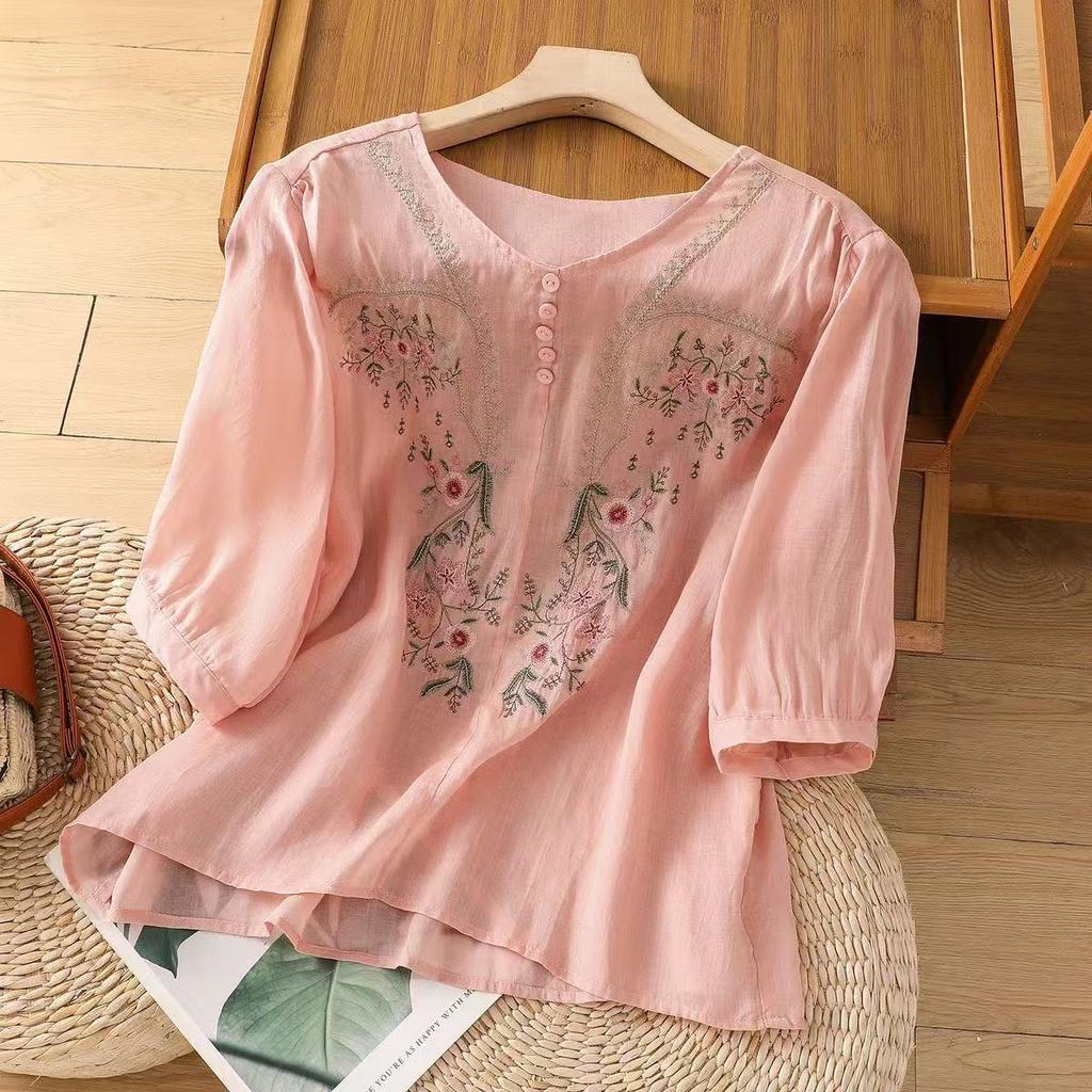 Baumwoll- und Leinen-V-Ausschnitt-Stickerei-Hemd für Damen Sommer Dünner Stil Locker Mittellange Ärmel Kleines Hemd Top