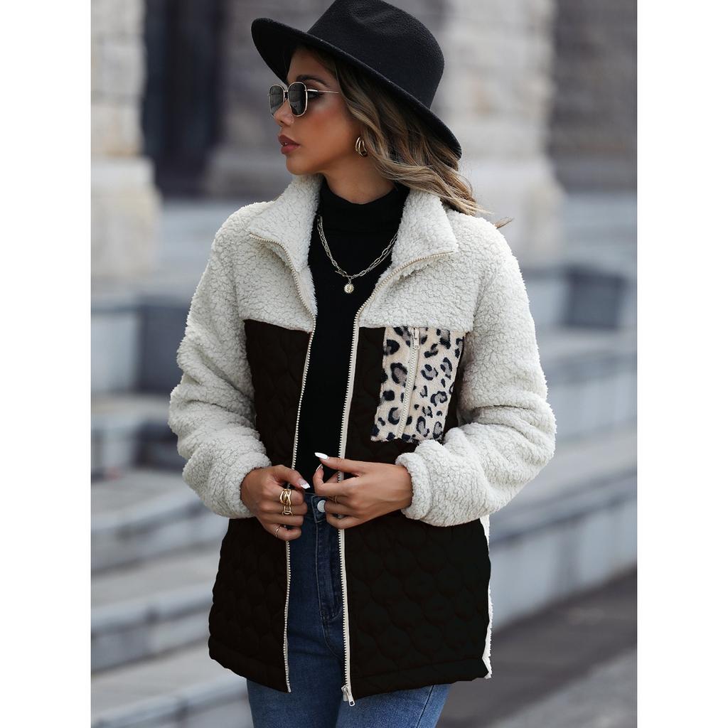 HNXC Casual Plush Women's Wear Long-sleeved Loose Round-neck Patchwork Zipper Animal Print Double-sided Fleece Coat
