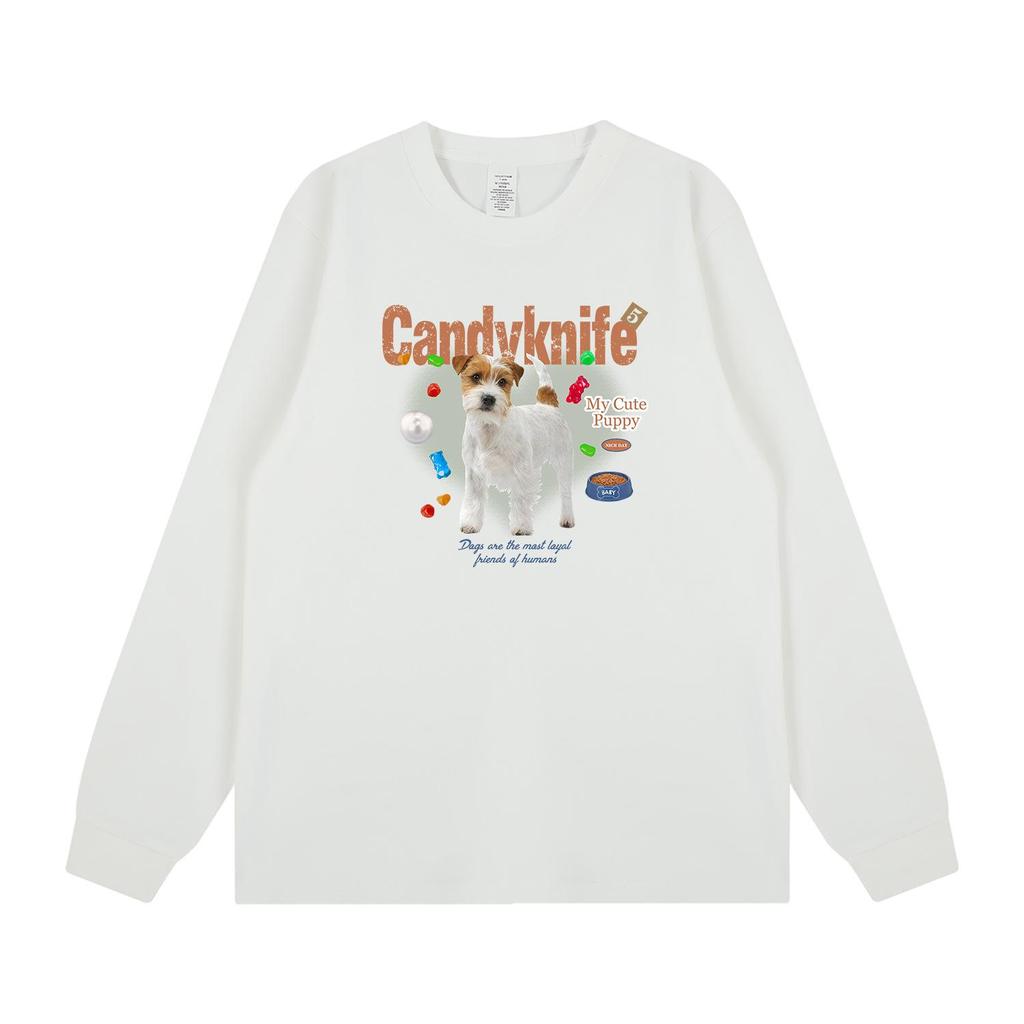 Korean Style Quirky Puppy Print Cuffed Long Sleeve Cotton T-Shirt for Couples - Autumn/Winter