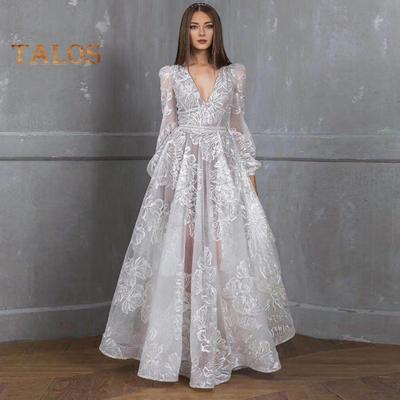Abendkleid für Damen, tiefer V-Ausschnitt, Spitze, Blumenstickerei, Maxikleid, A-Linie, großer Schwung, lange Laternenärmel, hohe Taille, plissiertes Ballkleid