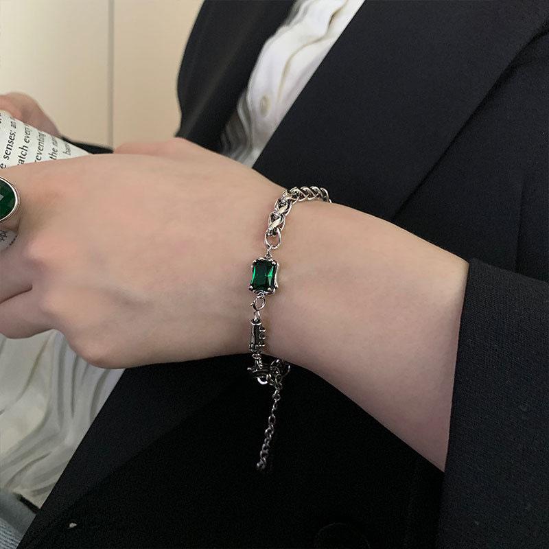 ANENJERY Grünes quadratisches Zirkon dickes Thain-Armband weiblich Vintage handgemachter Thai-Silberschmuck