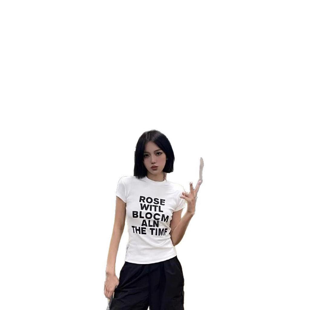 Damen Slim Fit Retro Schulter Buchstaben T-Shirt - Weiß, Kurzarm, Nischendesign