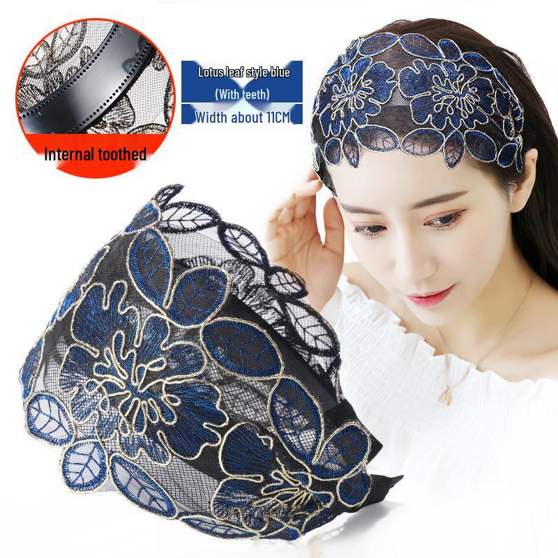 Korean Ethnic Style Embroidered Headband: Wide Lace Hairband for Concealing White Hair, Slimming Face Effect, Fashionable Hair Clip Accessory