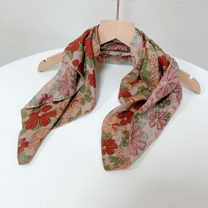Spring Summer Soft Cotton Square Scarf Women's Printed Small Flower Scarf Accessories Neck Protection Small Scarf 55X55cm