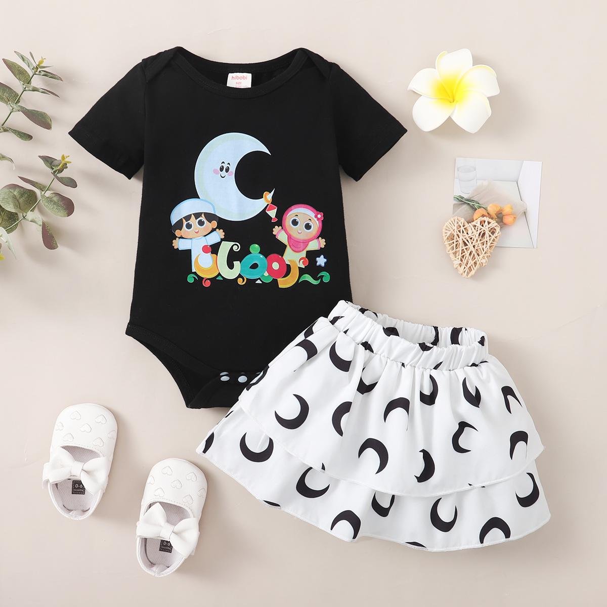 1-18 Month Newborn Baby Girl Ramadan Clothing Set Short Sleeved Top+White Short Skirt Toddlers 2PCS Outfits Holiday Costume