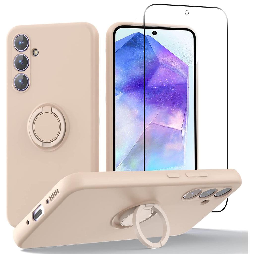 For Samsung Galaxy A55 5G Case Kickstand Liquid Silicone Cover with 2.5D Arc Edge Tempered Glass Film