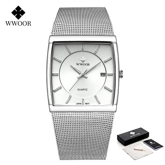 Wwoor Brand Luxury Gold Men Square Japan Quartz Slim Mesh Steel Waterproof Sports Automatic Date Wrist Watches Relogio Masculino