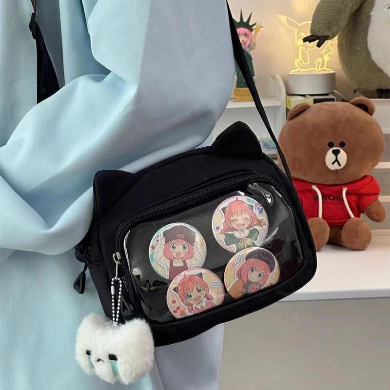 Casual Nylon Crossbody Ita Bags Women DIY Anime Badge Aesthetic Mini Crossbody Shoulder Bolso Mujer Funny Y2K Cat Ears Bag