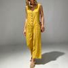 2026 European and American Summer New Women's Buckle Cotton and Linen Sleeveless Casual Wide-leg Loose Jumpsuit with Pockets