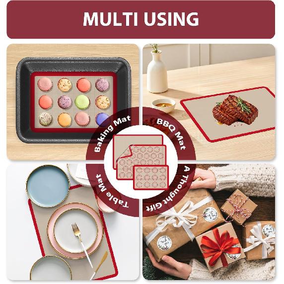Macaron Silicone Baking Mats, 3 PCS Non Stick Macaroon Mat Silicone for Macarons, Cookie, Pastry, Red
