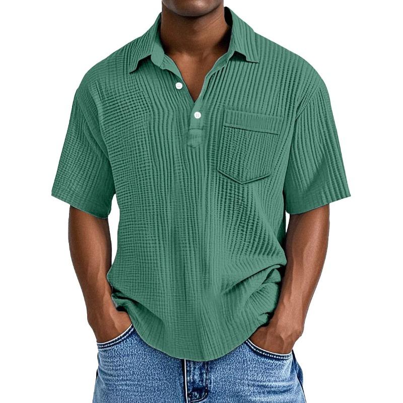 Men Casual Solid Color Waffle Knit Short Sleeve Polo Shirt