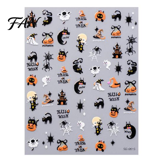 Halloween Theme Nail Decals Art Stickers, 5D Embossed Skull Pumpkin Ghost Parties Stickers Decals, Waterproof Self Adhesive Manicure Decoration