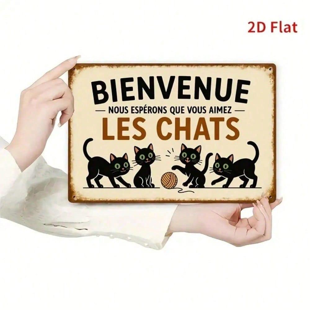 Vintage French Cat BIENVENUE Metal Wall Art Decor for Living Room Kitchen