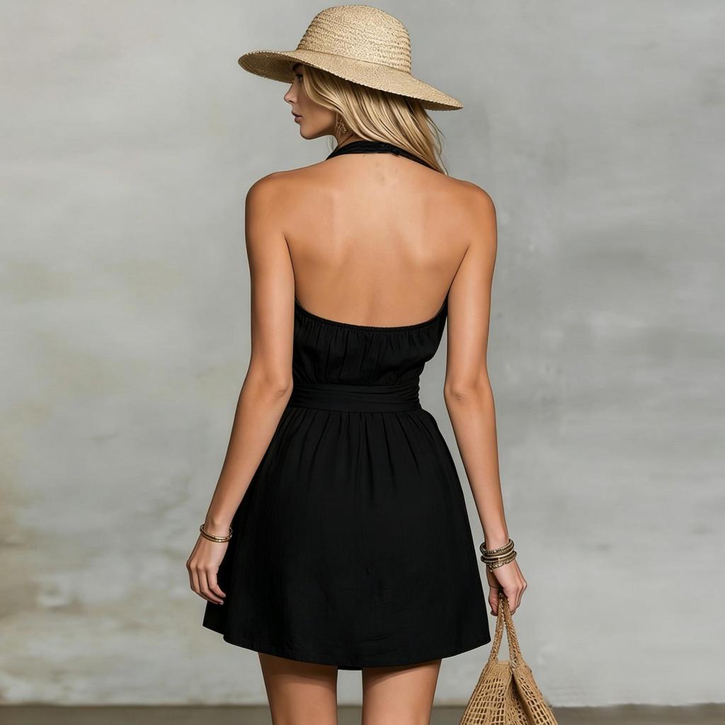 Women's Neck Mini Dress with Adjustable Waist Tie Sleeveless Backless Lightweight Casual Fit for Summer