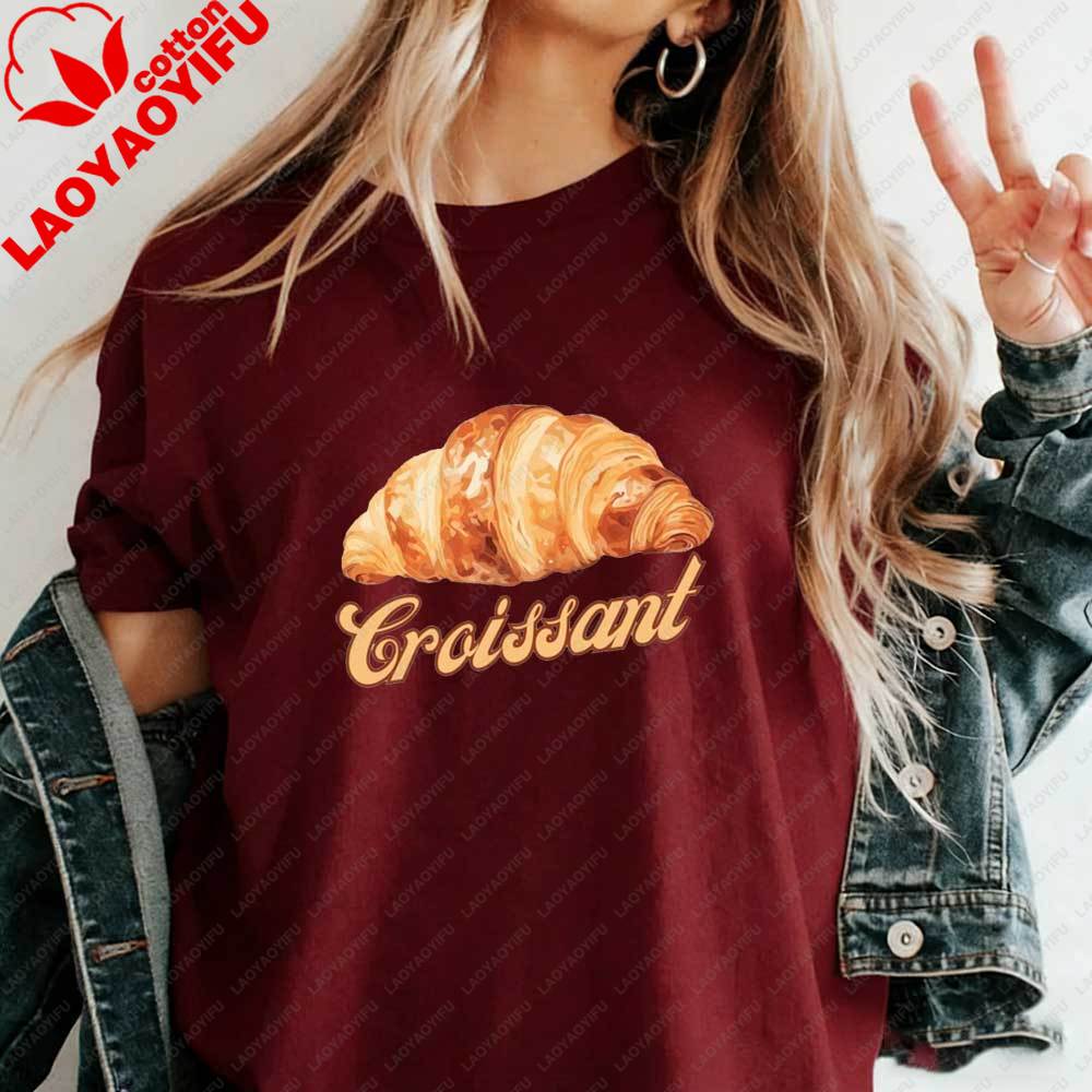 Womens Vintage Croissant TShirt Retro French Pastry Graphic Tee Casual Cotton Tshirt Summer Cute Food Lover Aesthetic Tops