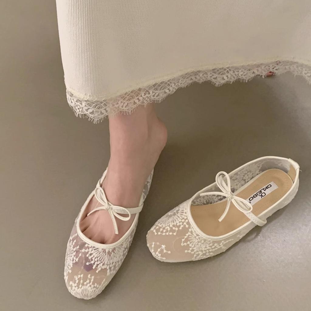 Gentle Evening Breeze Bow Ballet Shoes Girl 2025 New Fairy Hollow Mesh Lace Embroidered Shoes Single Shoes