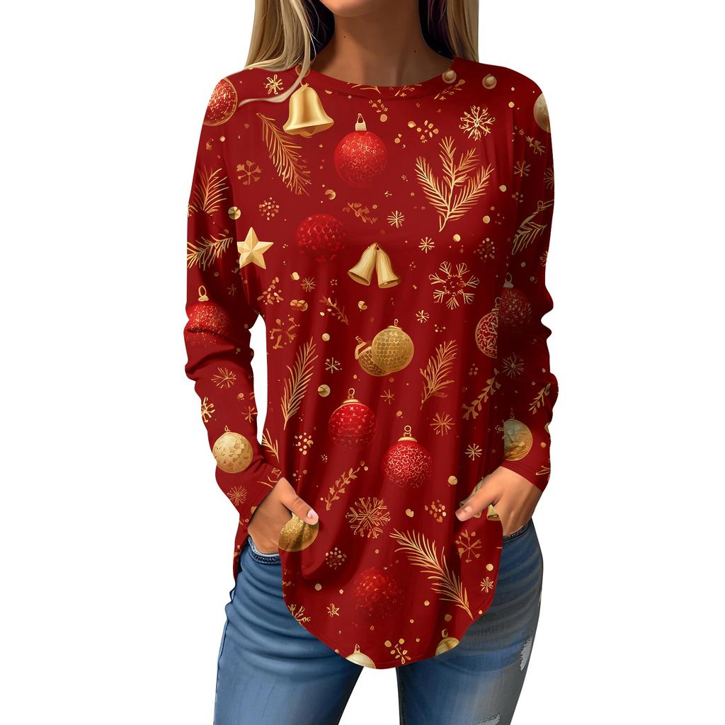 Damen T-Shirt mit Rundhalsausschnitt, Weihnachtsdruck, langärmelig