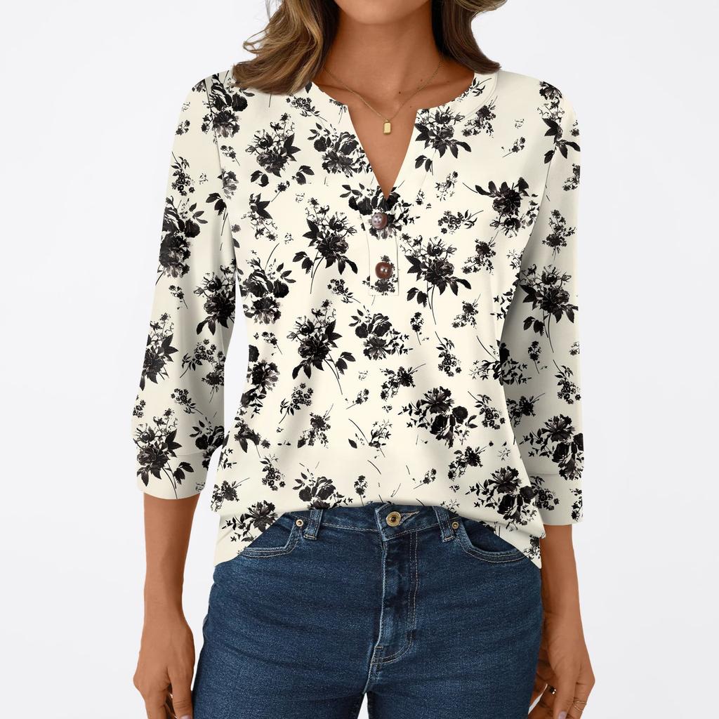 Women's Fashion Casual 3/4 Sleeve T-Shirt Prints V-Neck Button Top