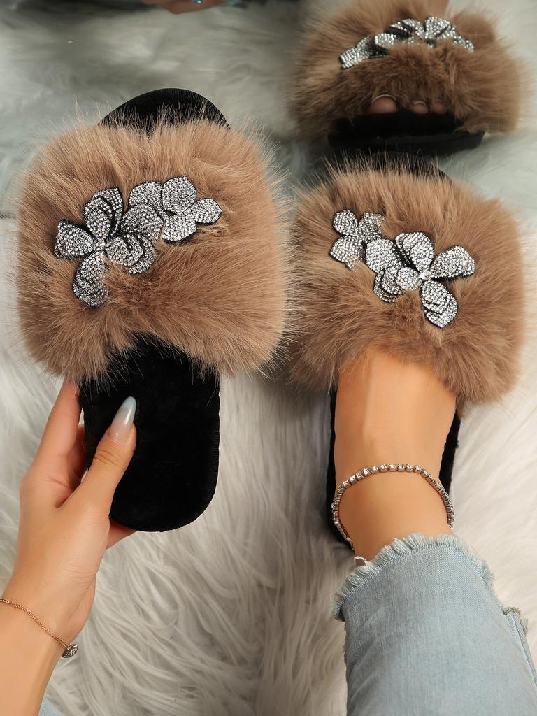 Autumn and winter new long-haired dopamine color bright diamond texture flower large size fluffy slippers