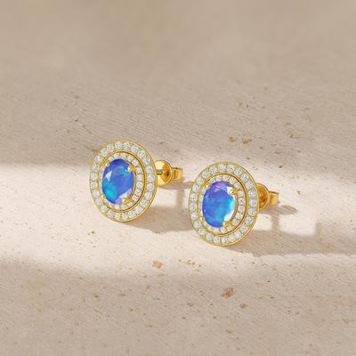 Boucle d'oreille Puce Style Halo Pierre Opale Bleu Feu, Boucle d'oreille Puce Pierre Opale Multifeu AAA, Boucles d'oreilles Pierre de Naissance d'Octobre, Cadeau Délicat
