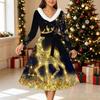 Dames Kerstprint Midi Jurk, Lange Mouwen V‑hals Bontrand A-lijn Feestjurk, Kerst Limited Edition