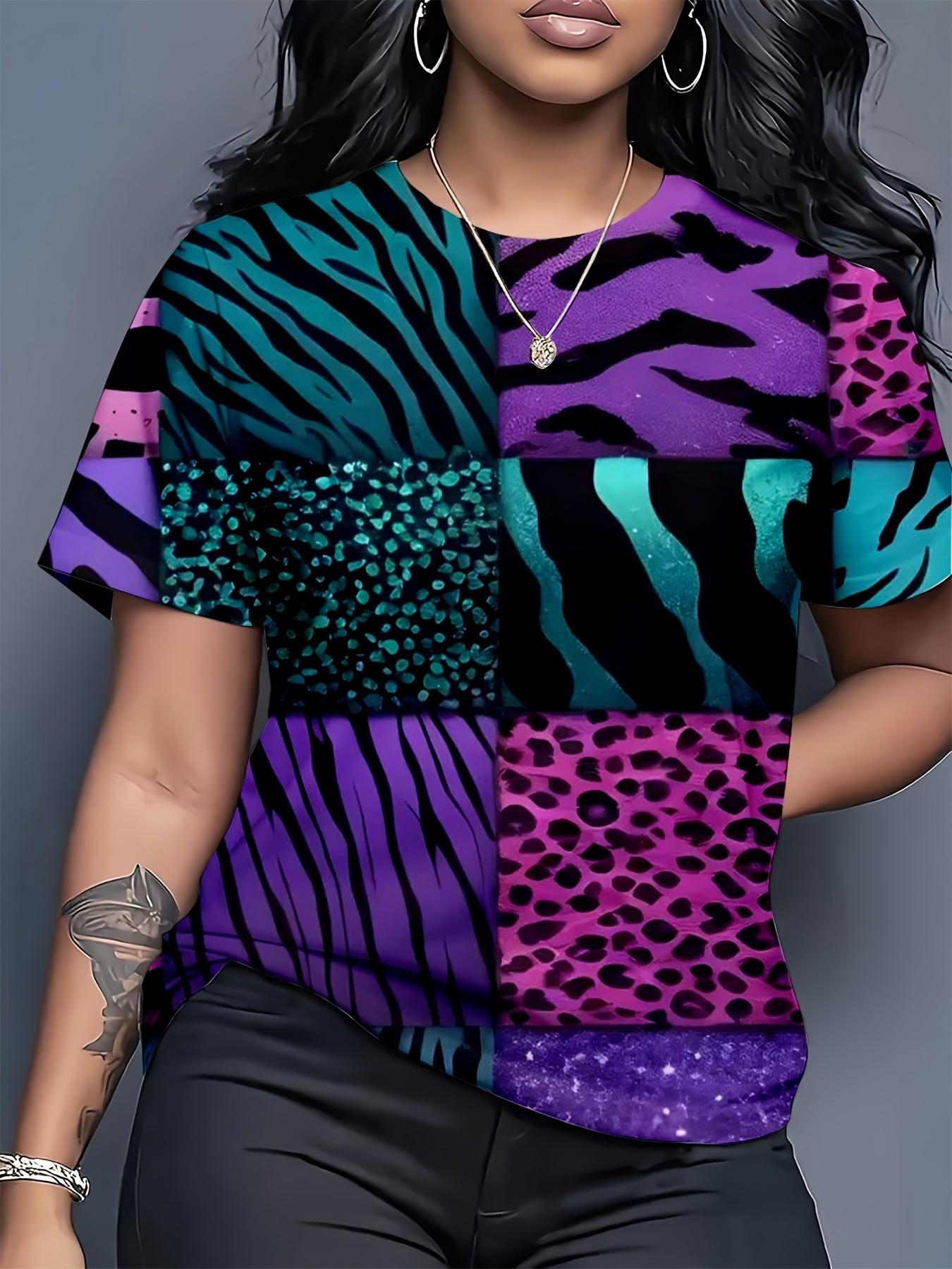 

Women S Leopard Print Gradient T-Shirt- Full Leopard Print Top with Striped Lines. Short-Sleeved Round Neck Design. Soft Casual Shirt. Suitable for Sp L