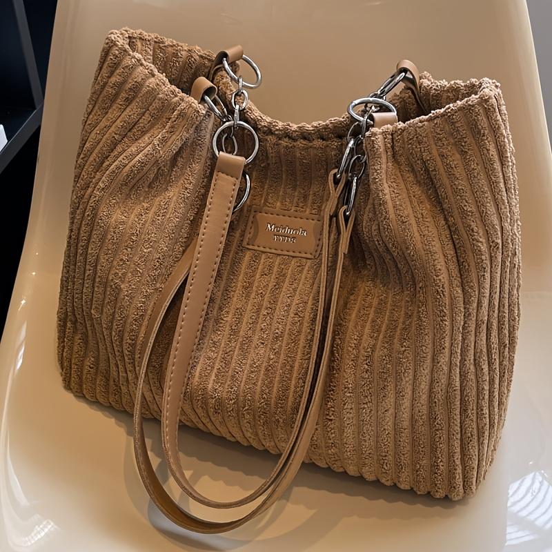 Vintage Corduroy Solid Color Shoulder Bag, Suitable for Autumn and Winter Seasons, Large Capacity, Lightweight Ideal for Shopping, Travel