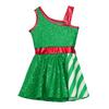 Girls Sparkly Sequin Christmas Jumpsuit Asymmetrical Shoulder Big Bow Stripe Themed Party Costume
