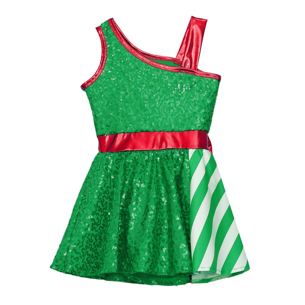 Girls Sparkly Sequin Christmas Jumpsuit Asymmetrical Shoulder Big Bow Stripe Themed Party Costume