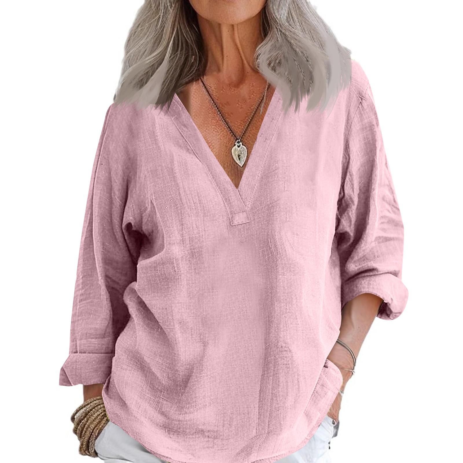 

Женская повседневная свободная модная рубашка с длинным рукавом из хлопка и льна, однотонная, в стиле ретро, с V-образным вырезом XXL розовый