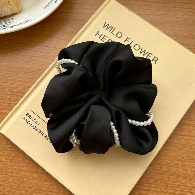 Sweet Pearl Satin Scrunchie For Women Black Silk Hair Bands Girls Big Elastic Hair Tie Ponytail Holder Hair Rope Headdress