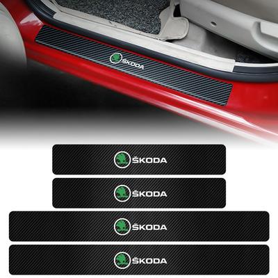 4pcs Car Door Sill Anti Kick Stickers Scuff Anti Scratch Carbon Fiber For Octavia Rapid Kodiaq Karoq Superb Fabia Kamiq A7