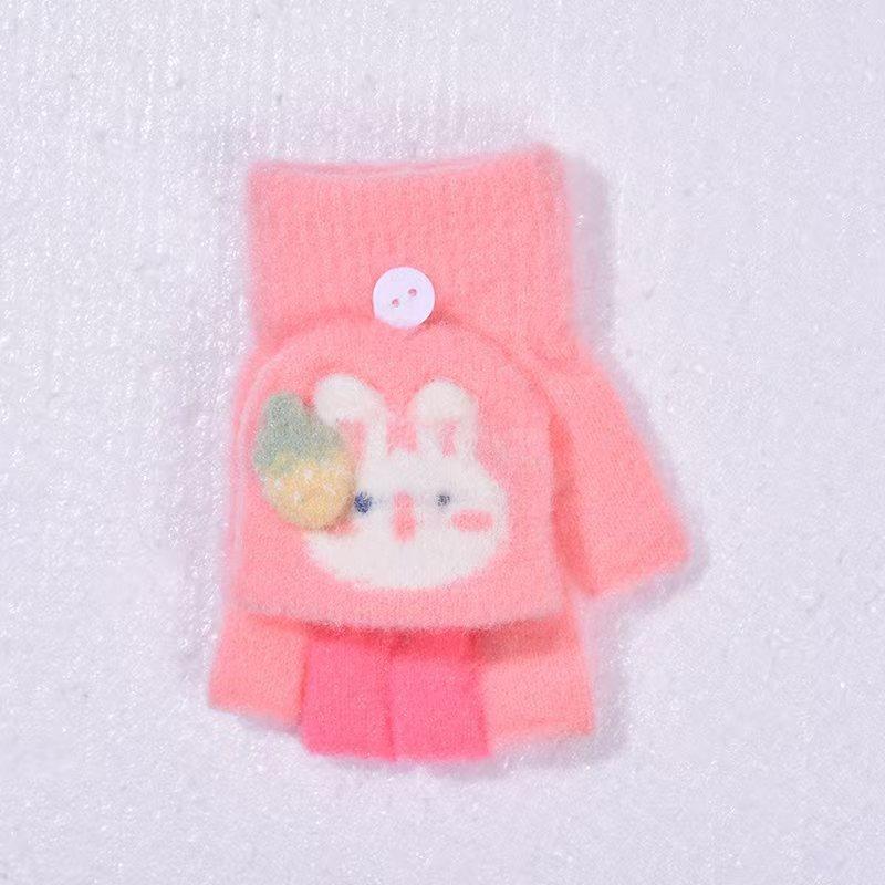 Autumn and winter cartoon children's warm gloves writing bare finger strawberry cold-proof boys and girls half finger flip writing gloves