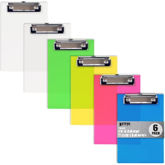 Better Office Products Mini Clipboards (6 Pack), Plastic, Low Profile Clips, Assorted Translucent Colors, Durable, A6 Memo Size, 5.3  x 8 ,