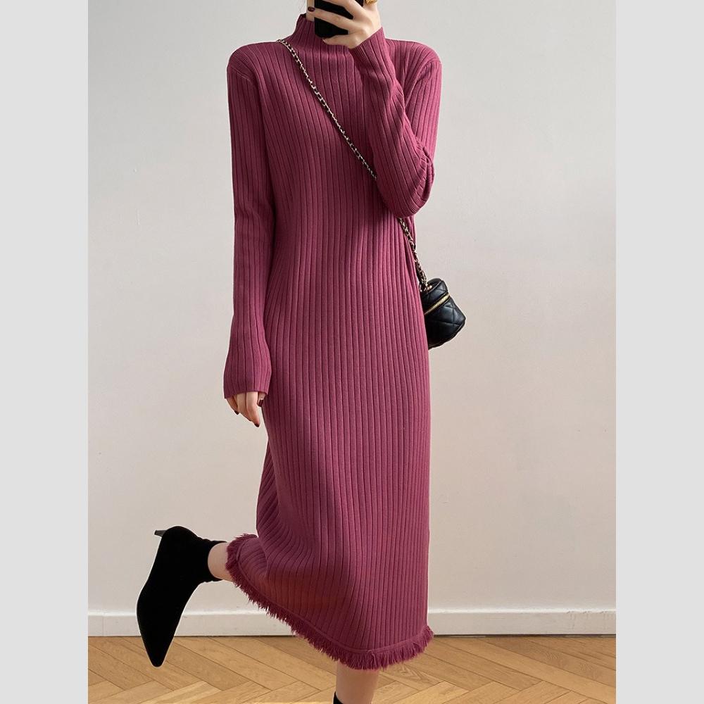 Mid-length Pullover Sweater for Women's Autumn and Winter Half Turtleneck Knee-length Knitted Dress Solid Color Casual Sweater Dress