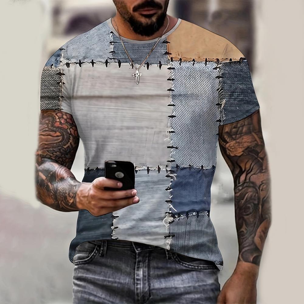 2026 New Trendy Denim Graphic Stitching Short Sleeve T-shirt Casual Loose Men's Short Sleeve Tee Oversized T Shirts For Man