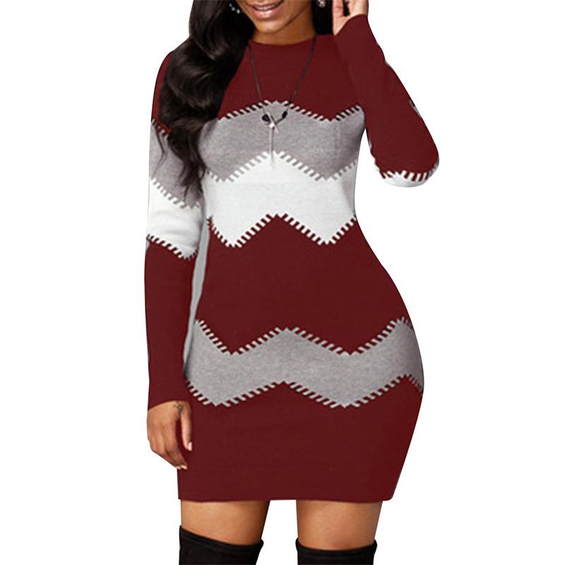Abito Lungo Caldo Patchwork Elegante da Donna Autunno Inverno Abito Maglione a Coste Pullover Casual Mini Abiti