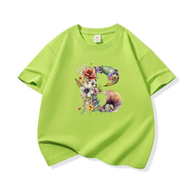 Kids Cotton T Shirt Floral Letter B Print Crew Neck Short Sleeve Tee Casual Boys Girls Summer Tops