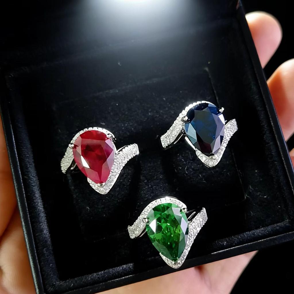 Large Carat Water Drop Pear Shape Synthetic Colored Treasure Open Ring Female Emerald Ruby Ring Jewelry