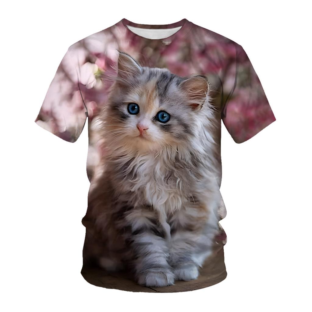 Comfortable Soft Cute Cat Summer Short Sleeved T-shirt 3D Printed Round Neck Casual Sports Men's Women's T-shirt