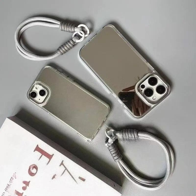 New Makeup Mirror Phone Case For OnePlus 12 12R 11R ACE 3 2 Nord CE 4 3 2 N30 2 3 Lite 5G With Gray Short Lanyard Hard Cover