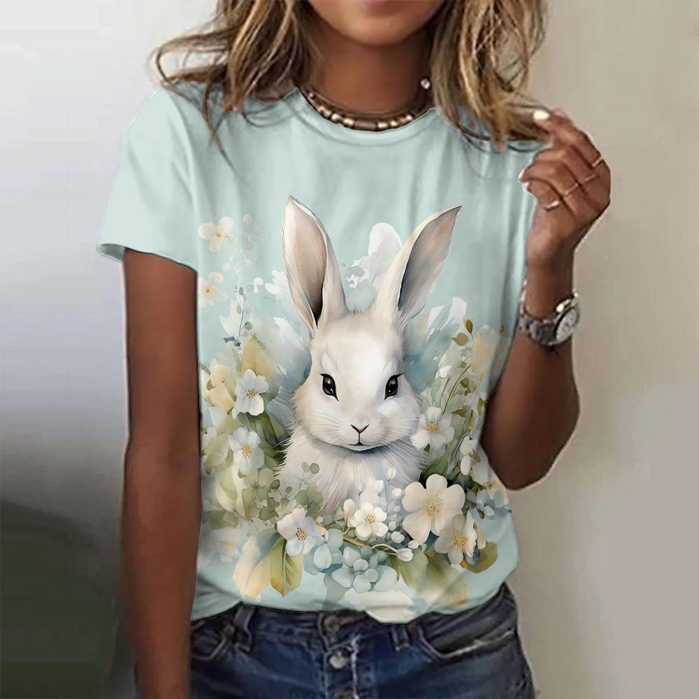 New Vintage Rabbit Print Women's T-shirt Plus Size Top 2024 Women's Clothing Fashion Short Sleeve Shirt Crew Blouse Summer
