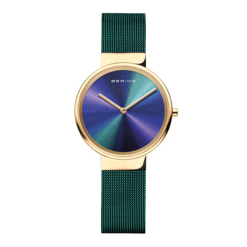 BERING Women's Quartz Watch, Green and Gold, Stainless Steel, Mesh Strap, Japan Exclusive, 19031-828, Officially Imported, 3-Year Warranty, Scratch-Re
