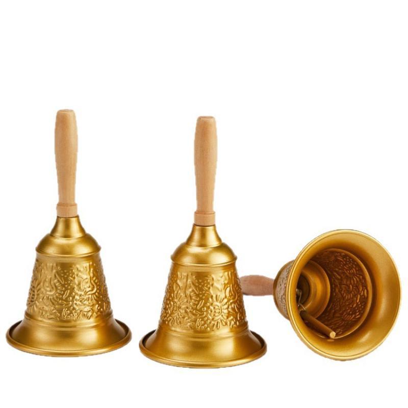 Christmas Iron Hand Bell Red Gold Embossed Pattern Wooden Handle for Holiday Gift Giving Restaurant Call Bell