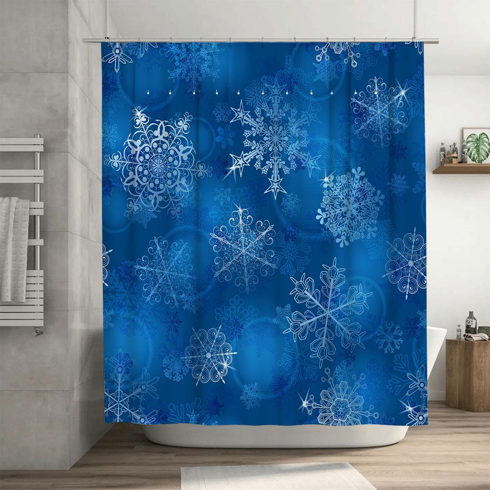 Blue Snowflake Shower Curtain White Floral Print Bathroom Decor Waterproof Fabric Perfect for Christmas and Holiday Celebrations