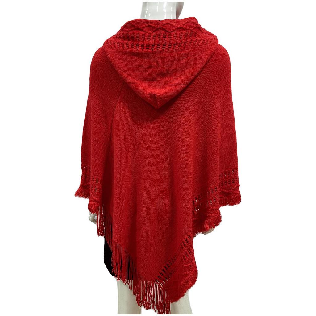 2023 Women's Solid Color Hooded Tassel Cutout Plus Size Slimming Cape Shawl